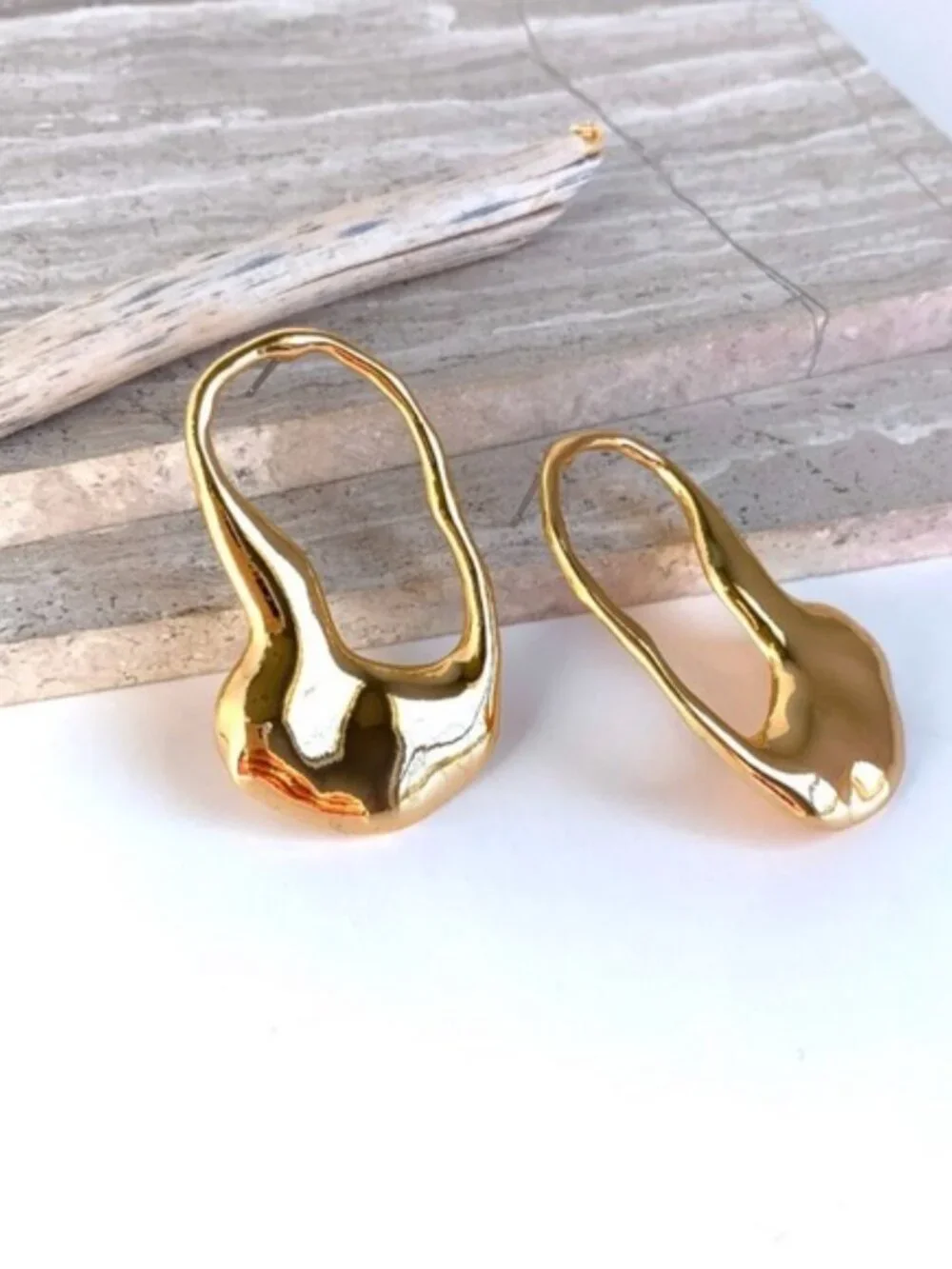 Women's 18K Gold Plated Molten Lava Hoop Earrings Organic Textured Chunky